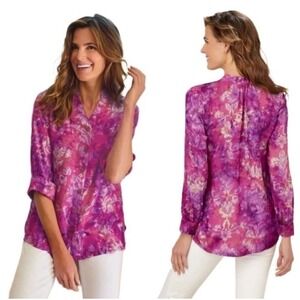 Soft Surroundings Women Size L Big Island Purple, Pink Button Down Blouse Shirt